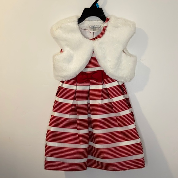 NEW Jona Michelle red & White Holiday Christmas Dress w/ faux fur shrug. 4T & 5 - Picture 1 of 8